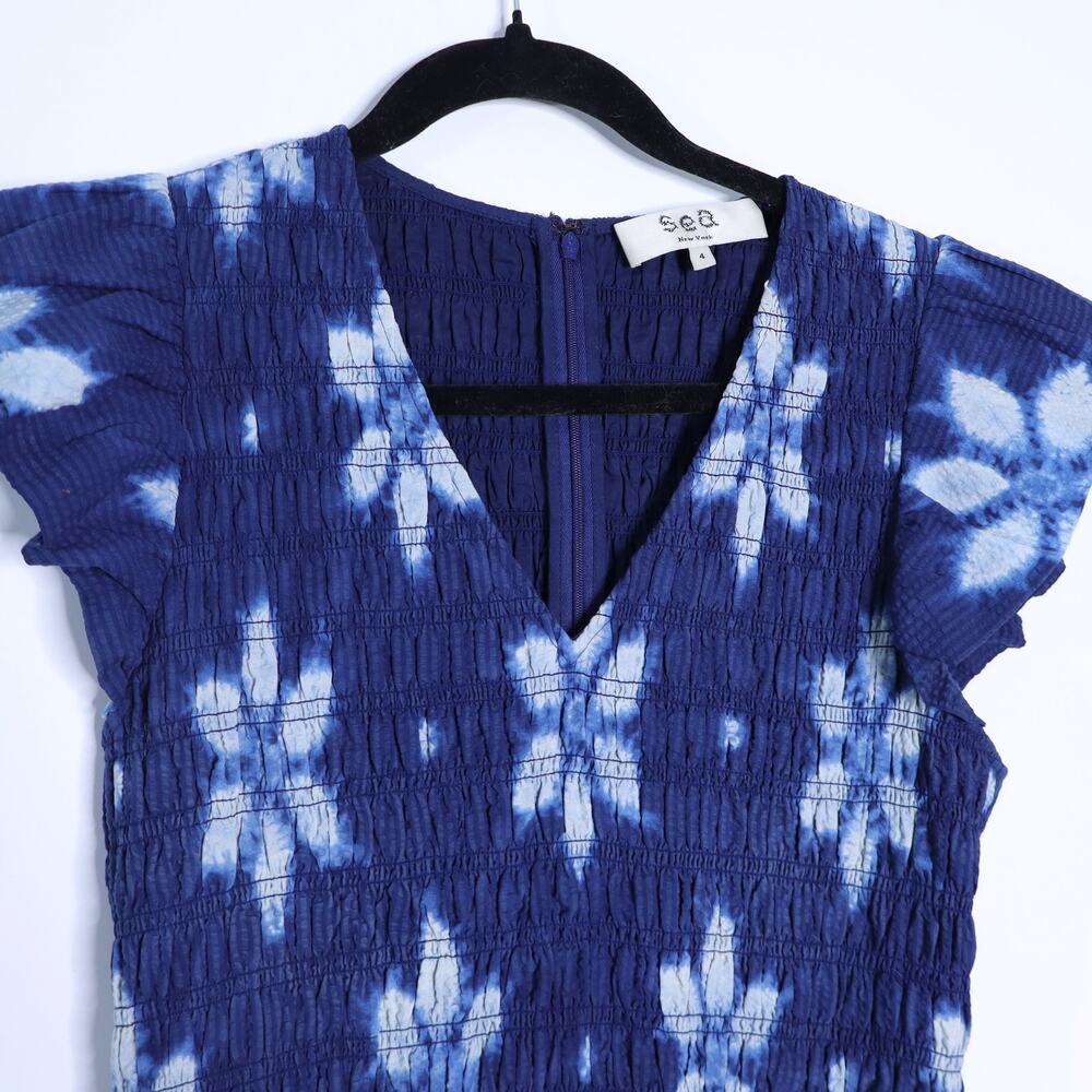 SEA Isla Midi Dress Navy Print Smocked Cotton Peasant Flutter Sleeve Women's 4 - Picture 5 of 12